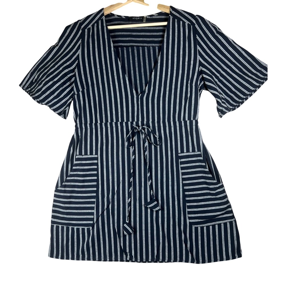 Storia Womens Navy Blue White Striped Cotton V-Neck Drawstring Mini Dress Medium